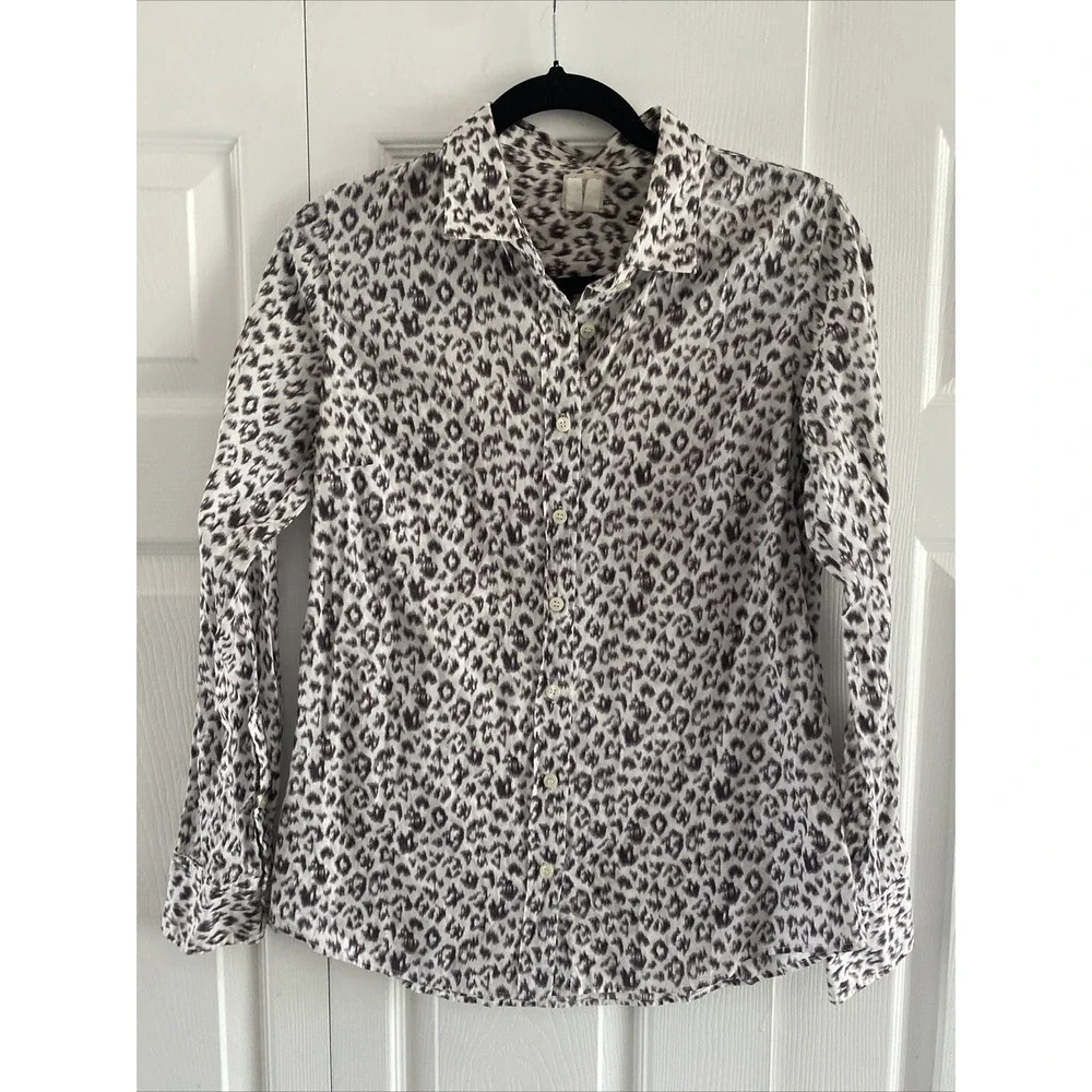 J Crew The Perfect Shirt‎ Womens Size S Grey Leopard Animal Cotton Button Up